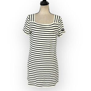Saint James Tolede Dress Women's 10 Ivory Black Striped Sheath Short Sleeve